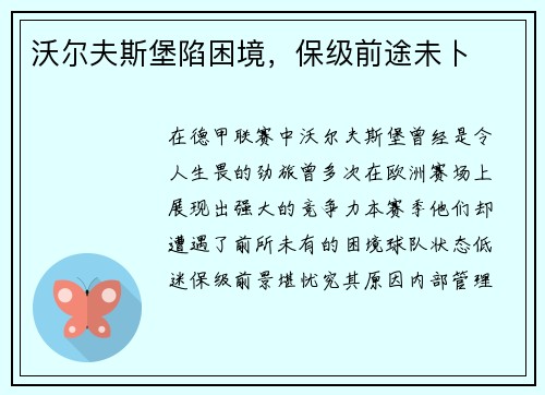 沃尔夫斯堡陷困境，保级前途未卜